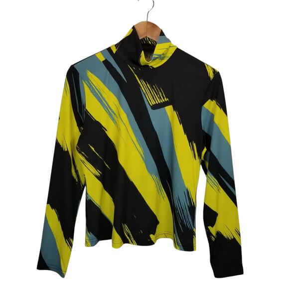 8 by Yoox NWT Womens Abstract Print Long Sleeve Turtle Neck Black Yellow Blue XL - Picture 1 of 8